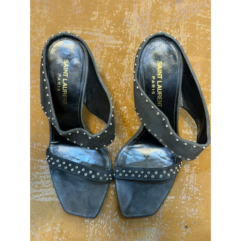 Saint Laurent Paris Black Suede Studded Mules Square Toe Stiletto Heels 38.5